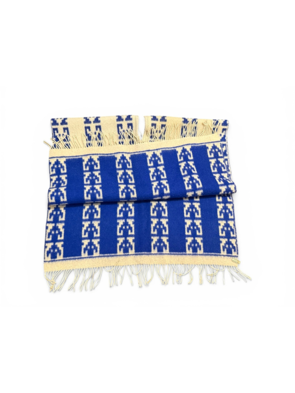 Vintage La Luz S.A. Peruvian Alpaca Wool Poncho Blue/Cream Fringe Adult Unisex - Picture 4 of 6